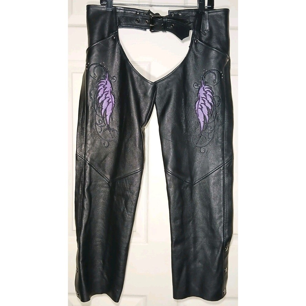 Women’s Milwaukee Leather Diamond Label Leather Rider Chaps Size S Purple Wings